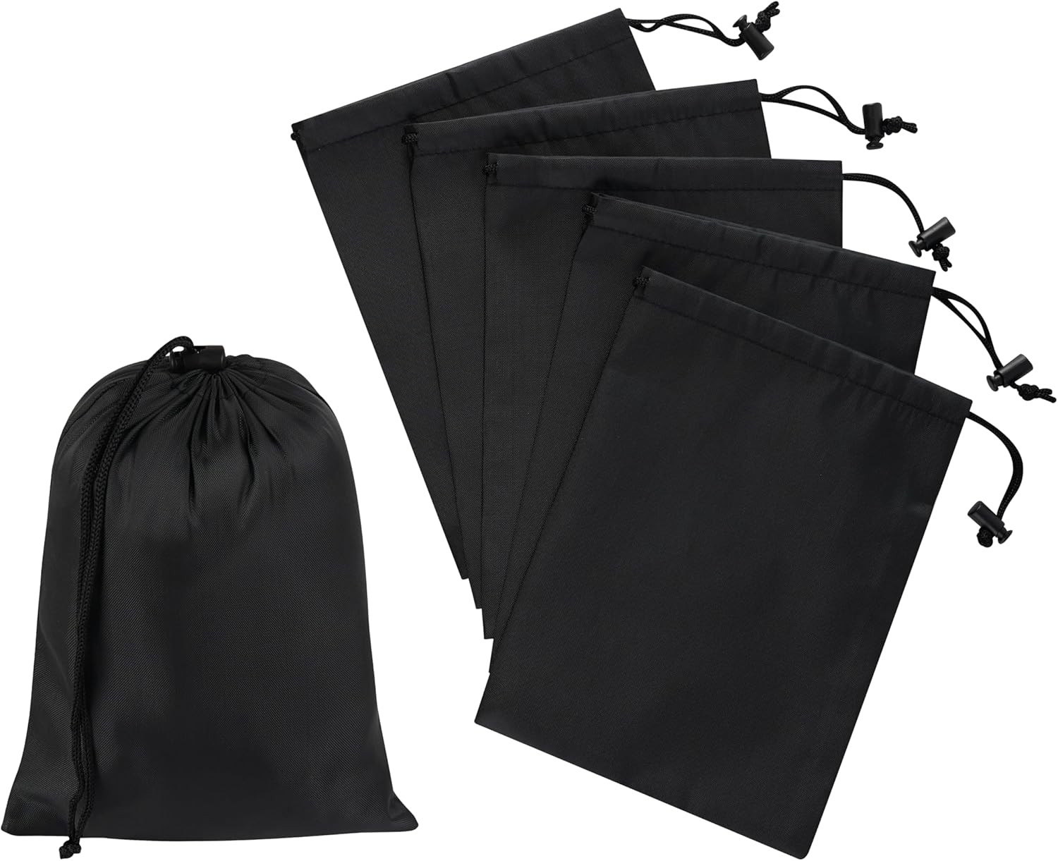Drawstring Bag with Toggle – Nylon Cinch and Ditty Pouch – Six Pack (Black, 8 X