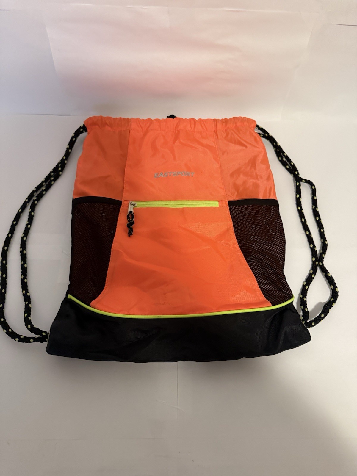 Eastsport Drawstring Backpack Front Zip Pocket Mesh Side Pockets Sports Athletic