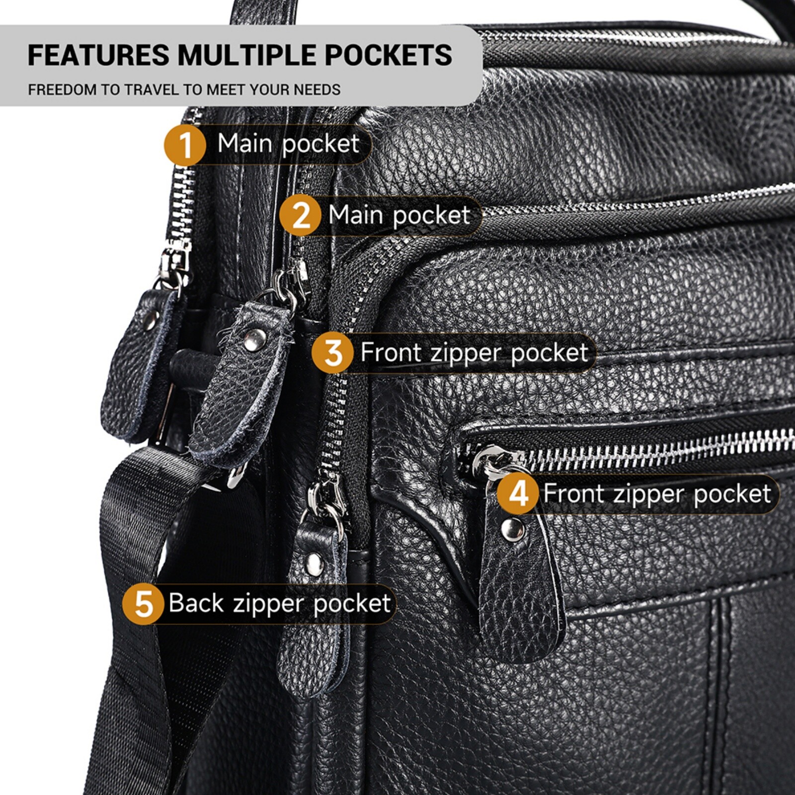 Men’s Genuine Leather Shoulder Bag Crossbody Messenger with Pockets Black