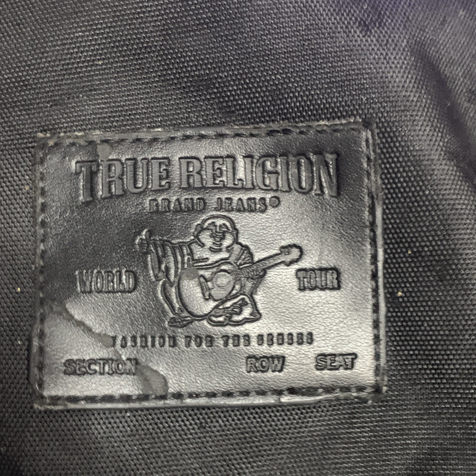 True Religion Black Small Crossbody Sling Bag Zip, Adjustable Strap, Buddha