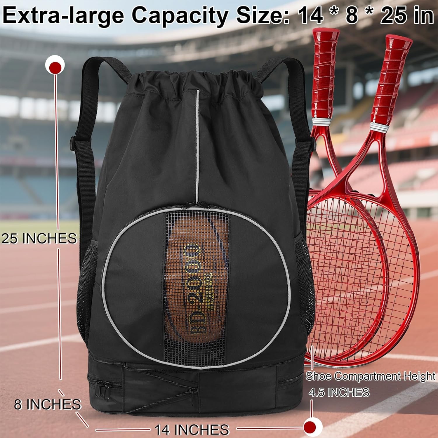 Basketball Backpack, 45 L Drawstring Gym Bag with Large Shoe Compartment and …