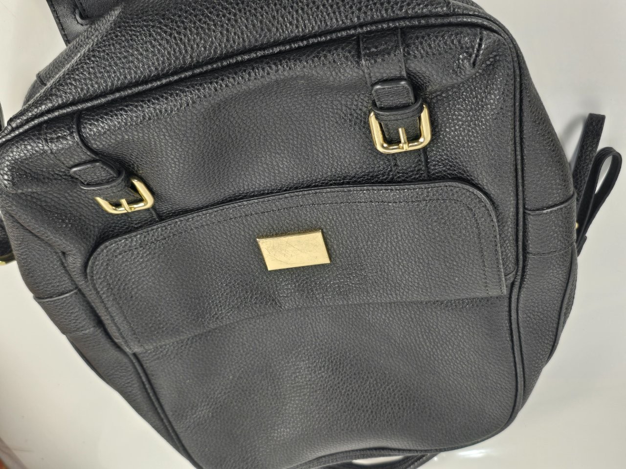Renwick Backpack Genuine Pebbled Leather Black Gold Buckles Flap Pocket
