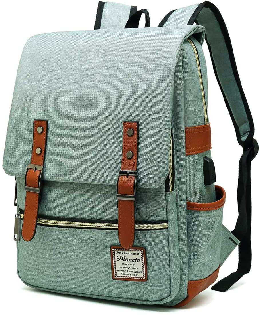 Slim Vintage Laptop Backpack with USB Port for 15.6″ Notebooks – Green