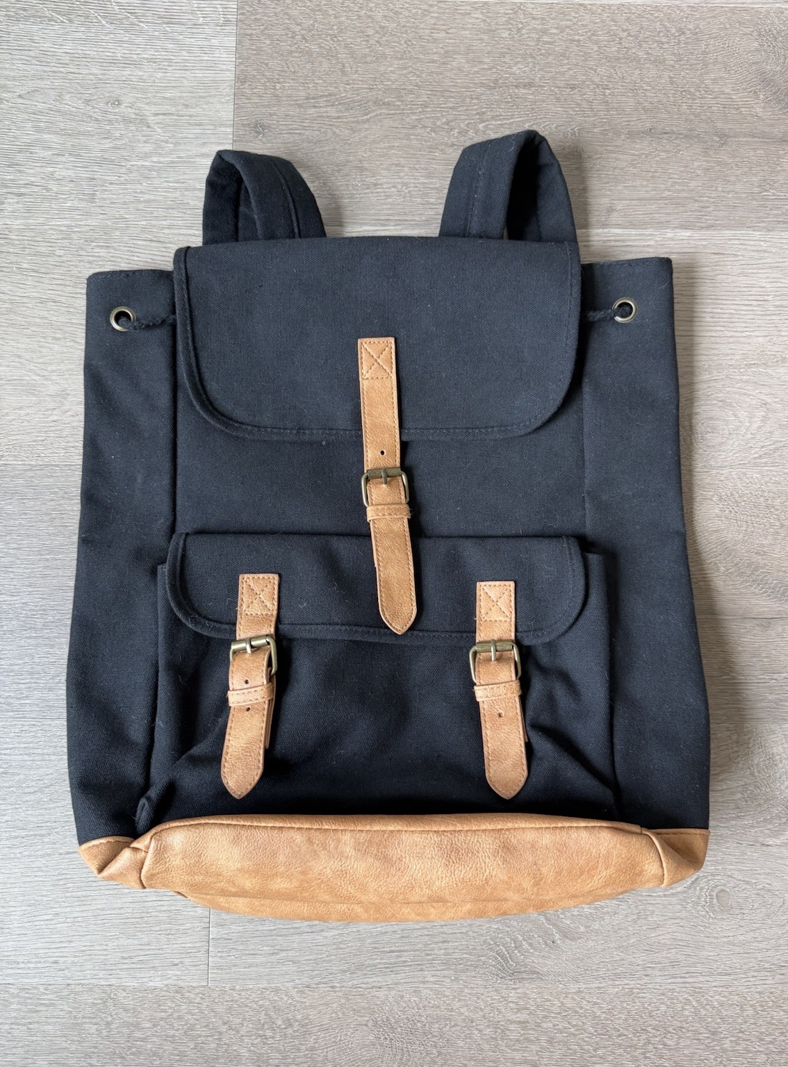 DSW Black Backpack Brown Trim Buckle/Drawstring, Adjustable, Pockets, Lined