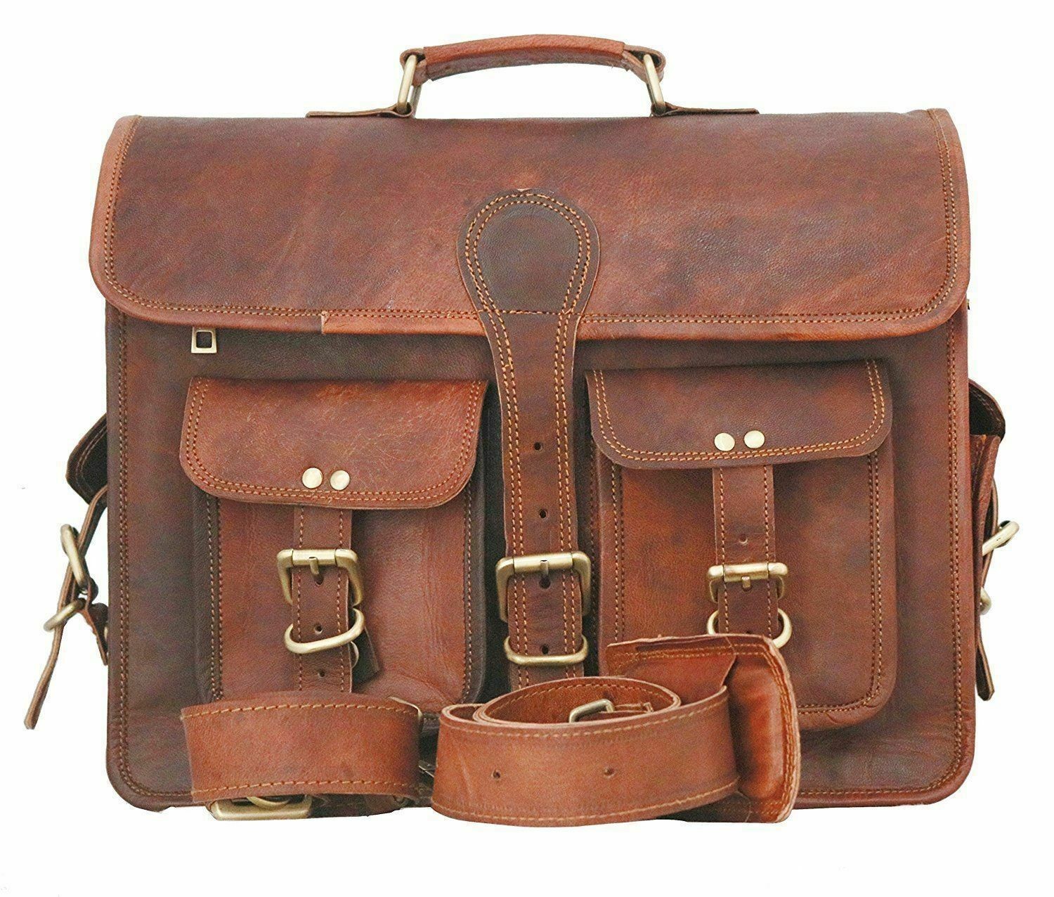 Men’s Full Grain Leather Laptop Briefcase Messenger Work Bag 15 Inch