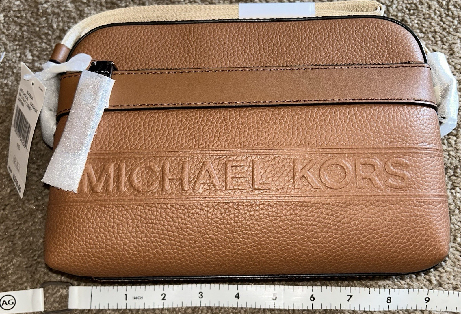 Michael Kors Hudson Crossbody Bag Brown Pebble Leather Embossed Logo