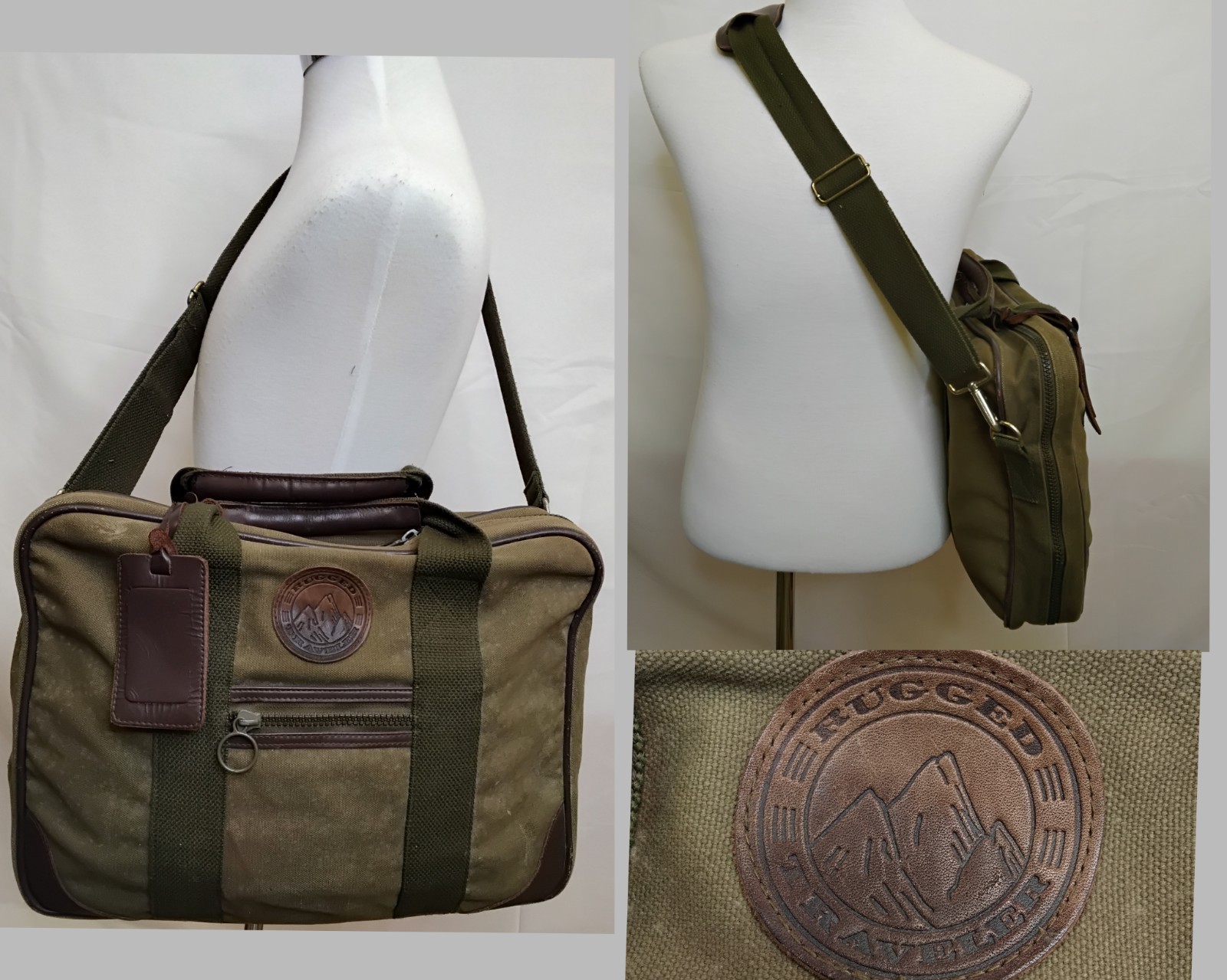 Rugged Traveler Messenger Bag Olive Green Canvas and Brown Leather #Z4858