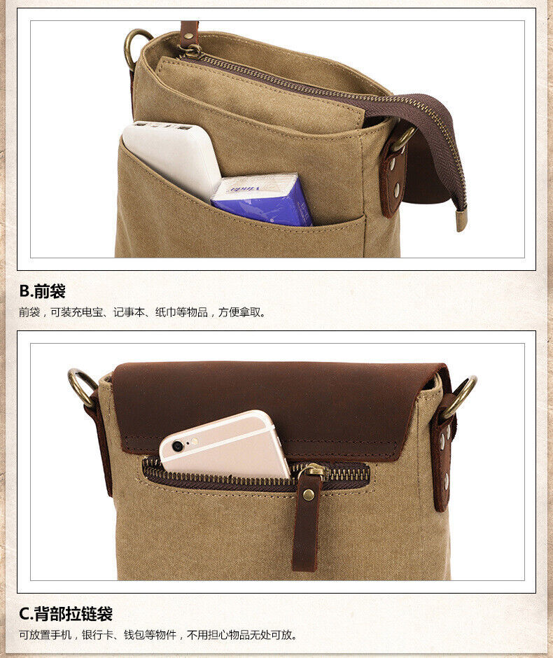 Men Canvas&Leather Shoulder/Messenger Bags 8 inches Business Casual Daypack