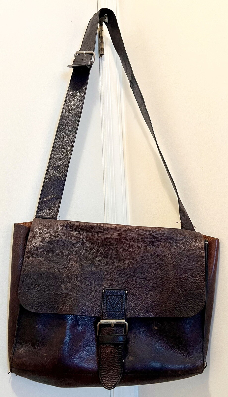 Vintage 1990s JOSEPH ABBOUD Weathered Dark Brown Leather Messenger Bag Briefcase