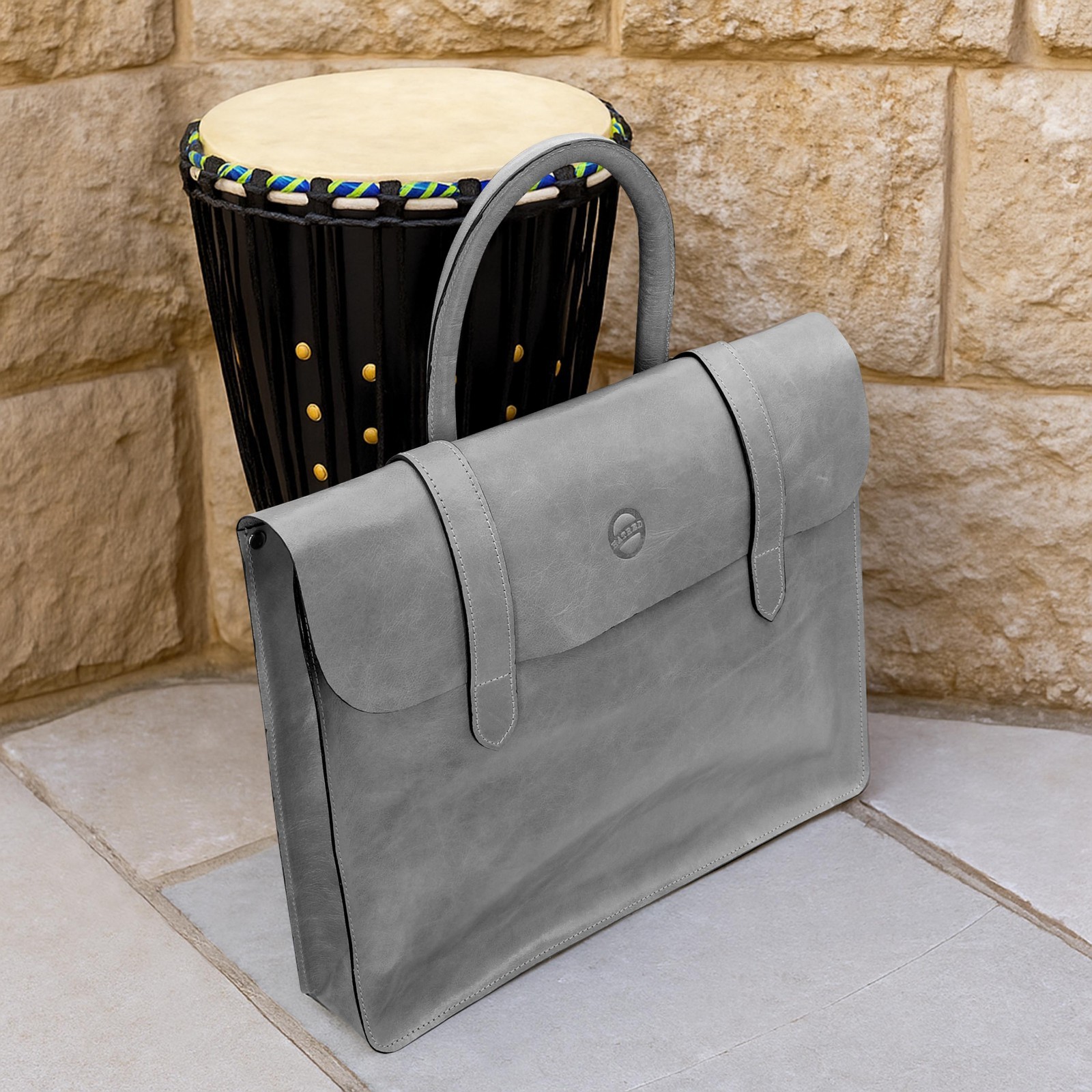 Document iPad Handmade Music Bag Grey Genuine Leather Unisex Messenger Briefcase