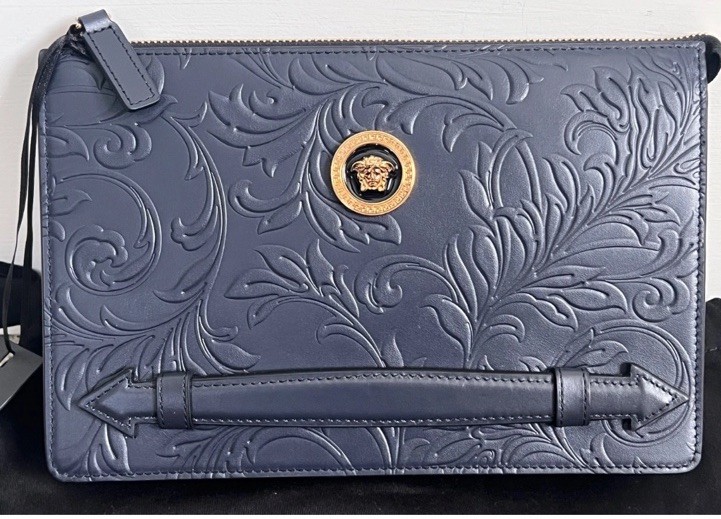 Versace Pouch Embrossing Calf Leather Navy Blue $900 Retail