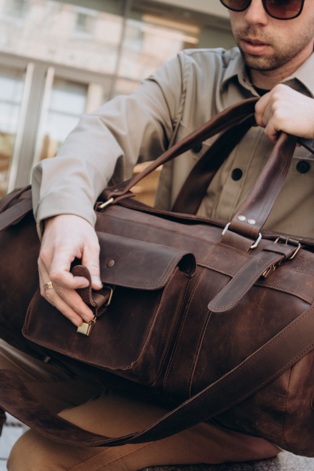 Brown leather duffle bag for men