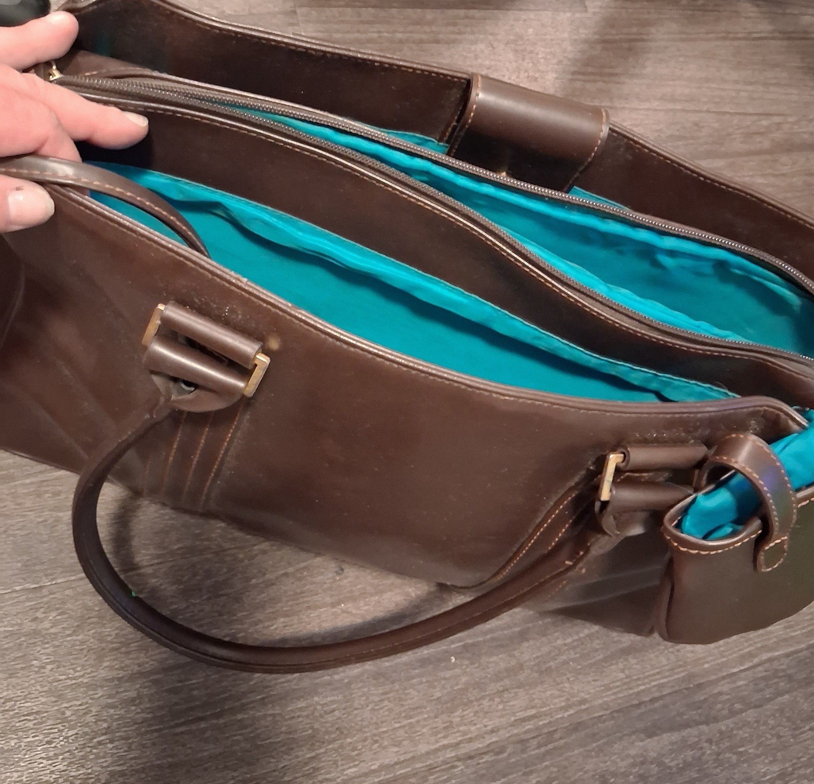 Brown Large Briefcase/Document Case Zip Top Blue Lined Double Handles Pockets