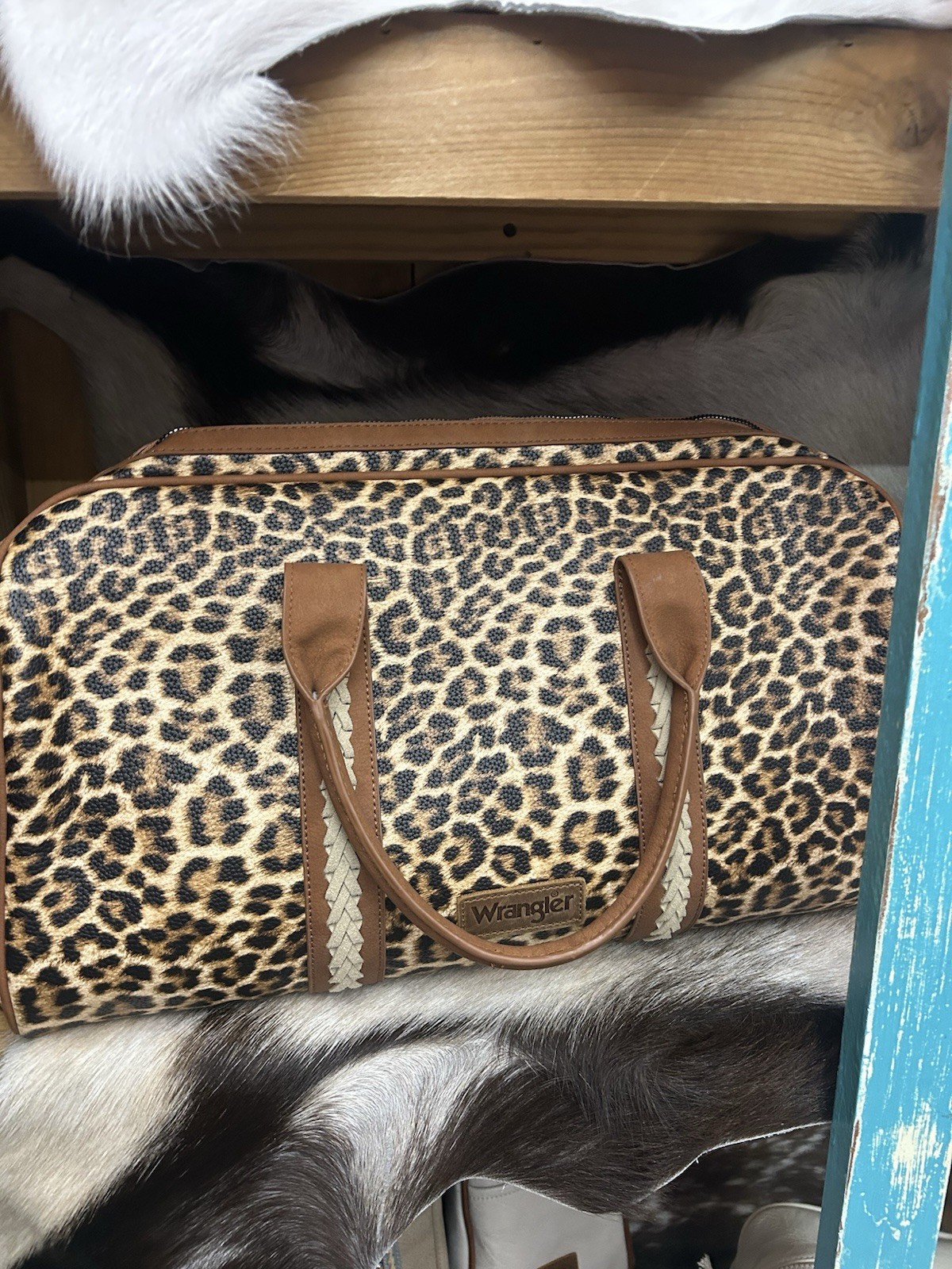 Wrangler Genuine Leather Duffle Bag Brown Leopard Print Travel Bag