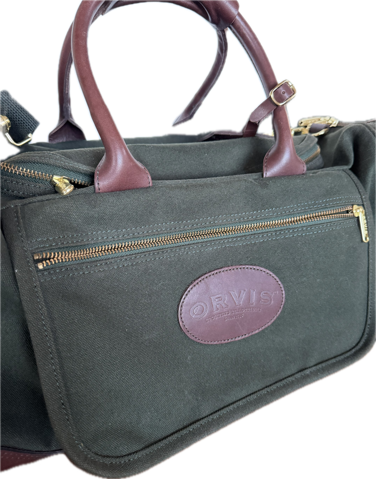 Vintage Orvis Battenkill 90s Green Canvas & Brown Leather Duffle Bag USA Made