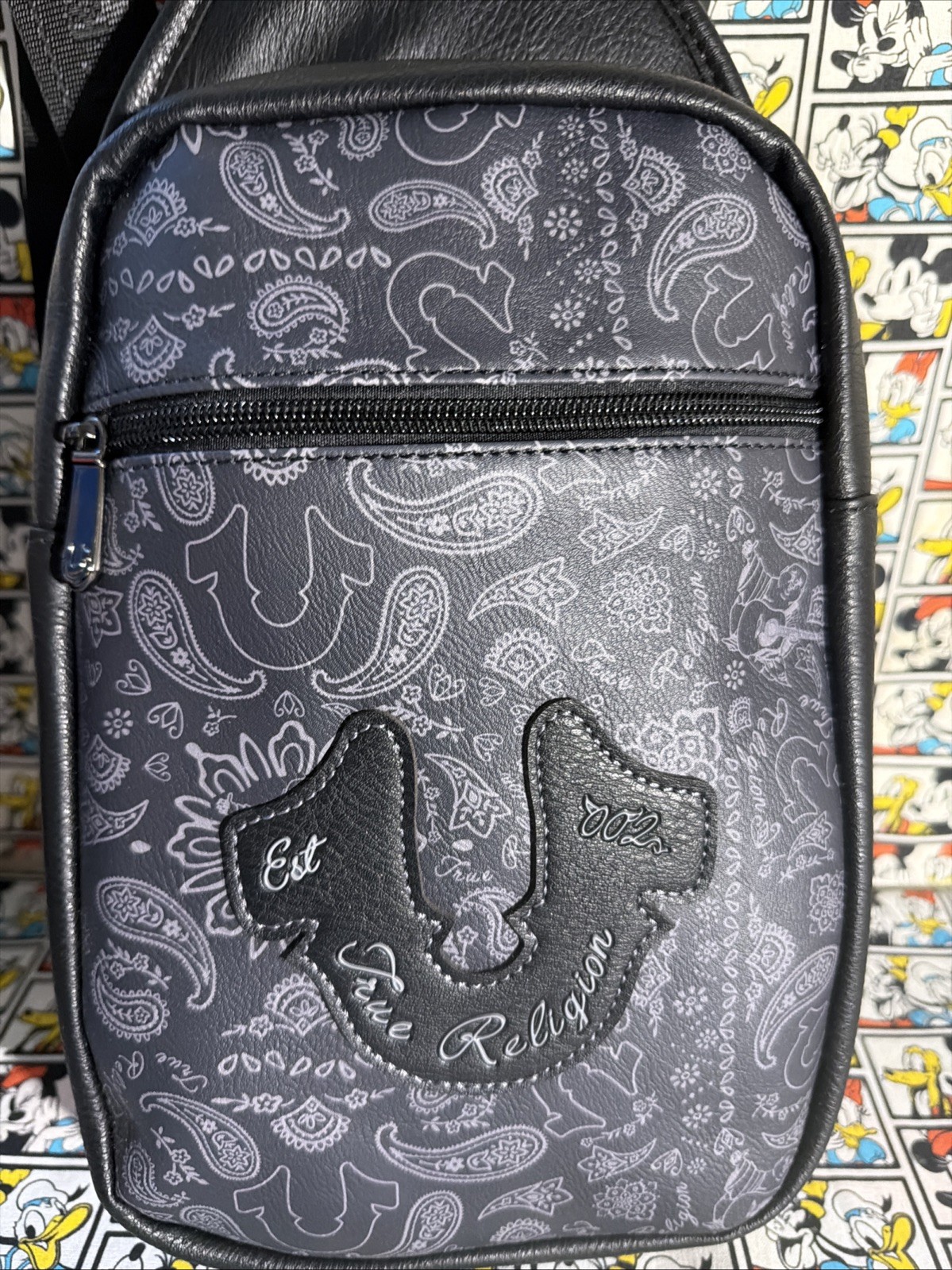 True Religion Earp Bag Grey Black Monogram Logo Crossbody NWT