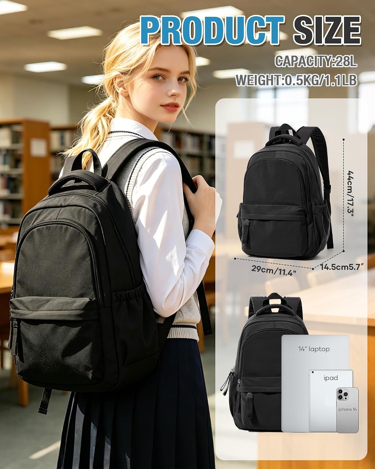 Black Backpack for Men Women, Lightweight Basic Causal Daypack Travel Carry on B