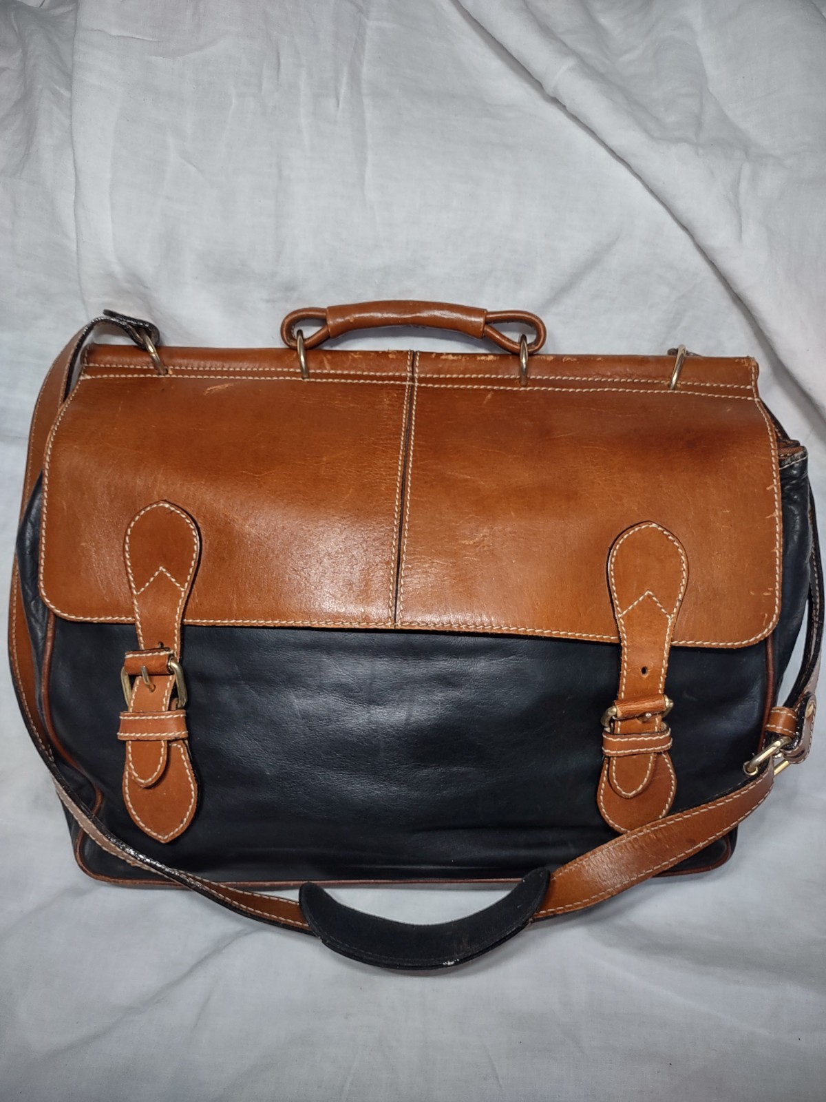 Delfina Two Tone Brown Black Leather Briefcase Messenger Bag
