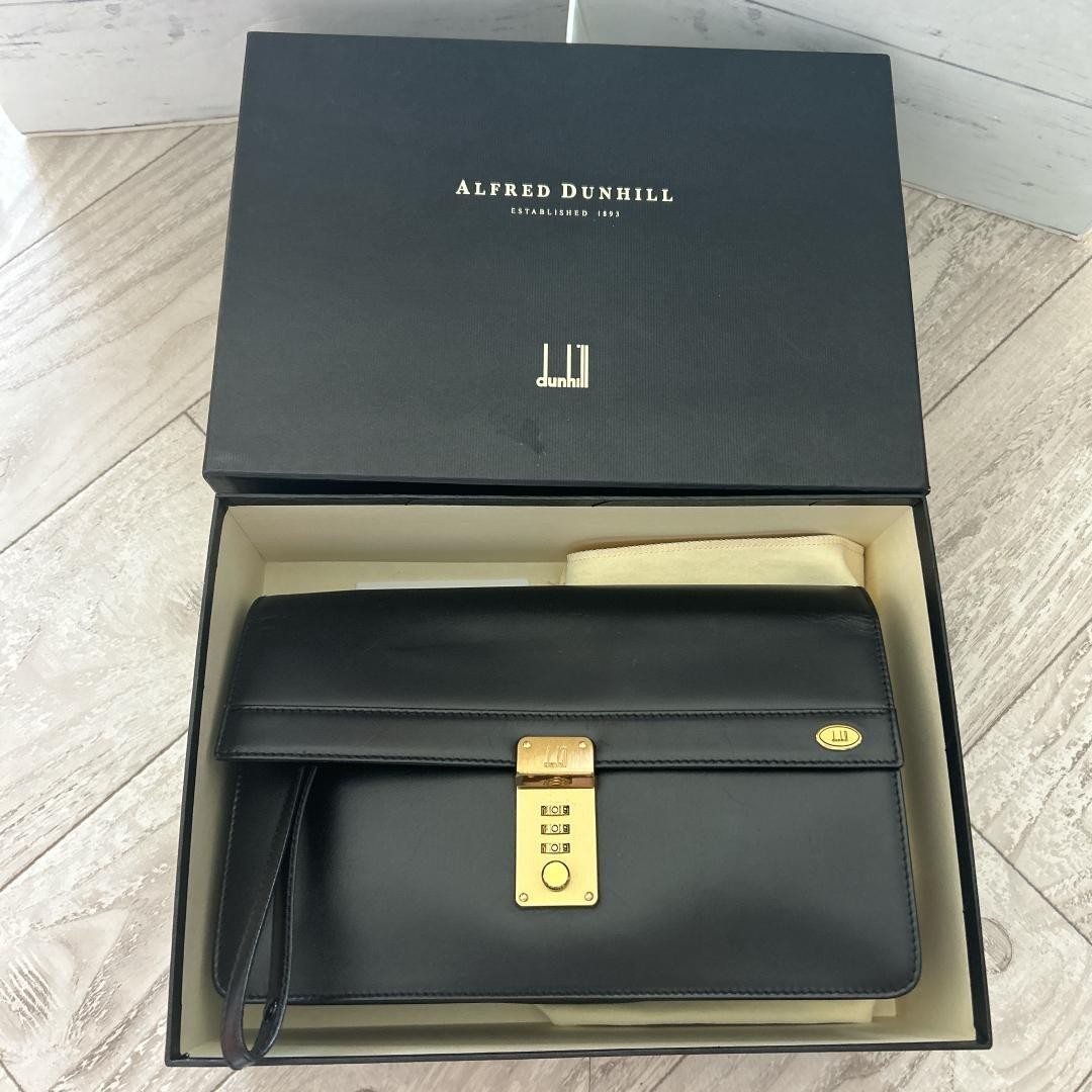 Dunhill Clutch Bag Second Bag Black Leather Dial Lock Gold Metal Flap w/Box Men