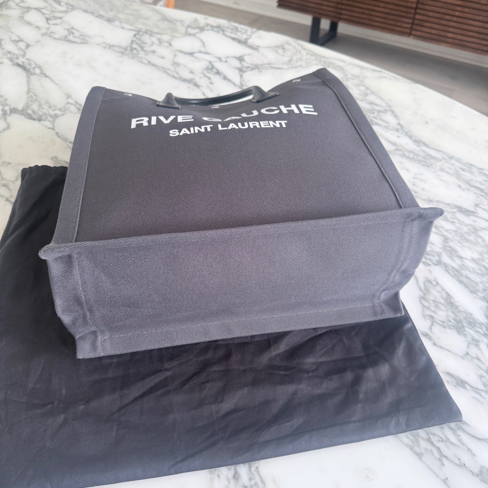 Saint Laurent Rive Gauche Tote Bag Dark Gray Canvas Black Leather 619757