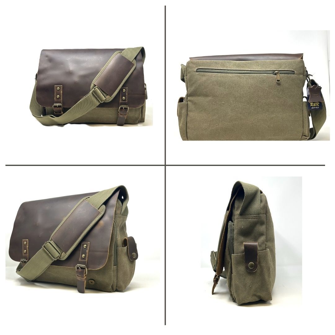 R&R Leather: Genuine Leather and Canvas Laptop Messenger Bag – Olive Green