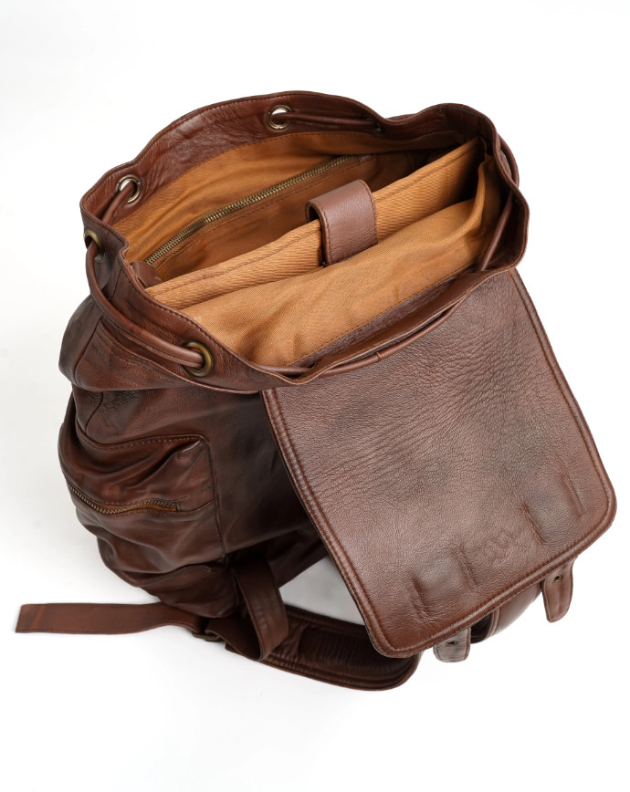 Leather Backpack Men Brown Laptop Office Travel Bag Zipper Double Shoulder Strap