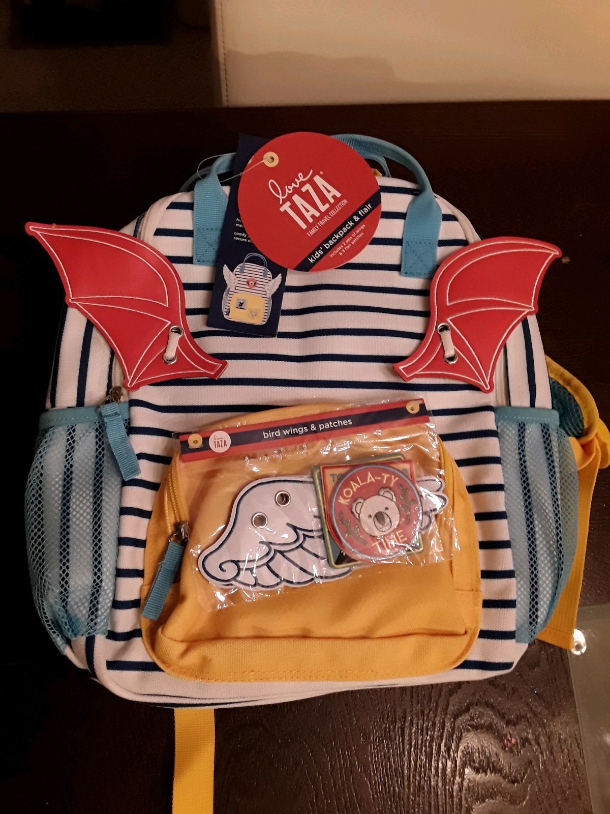 Love Taza Kids Backpack & Flair Blue White Red Yellow Wings Patches – New