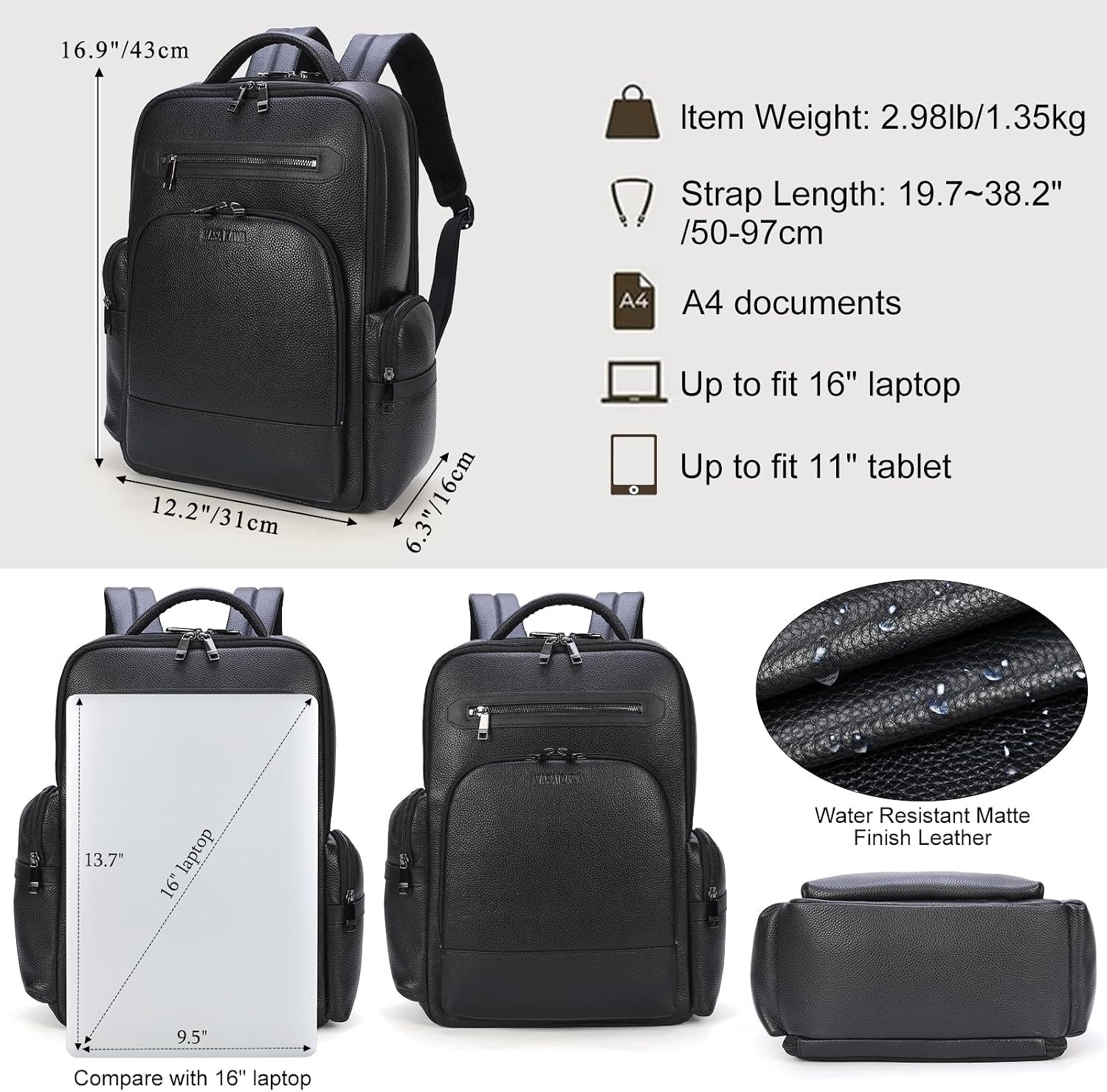 Black Leather Laptop Backpack Men Fits 15.6″ 16″ Business