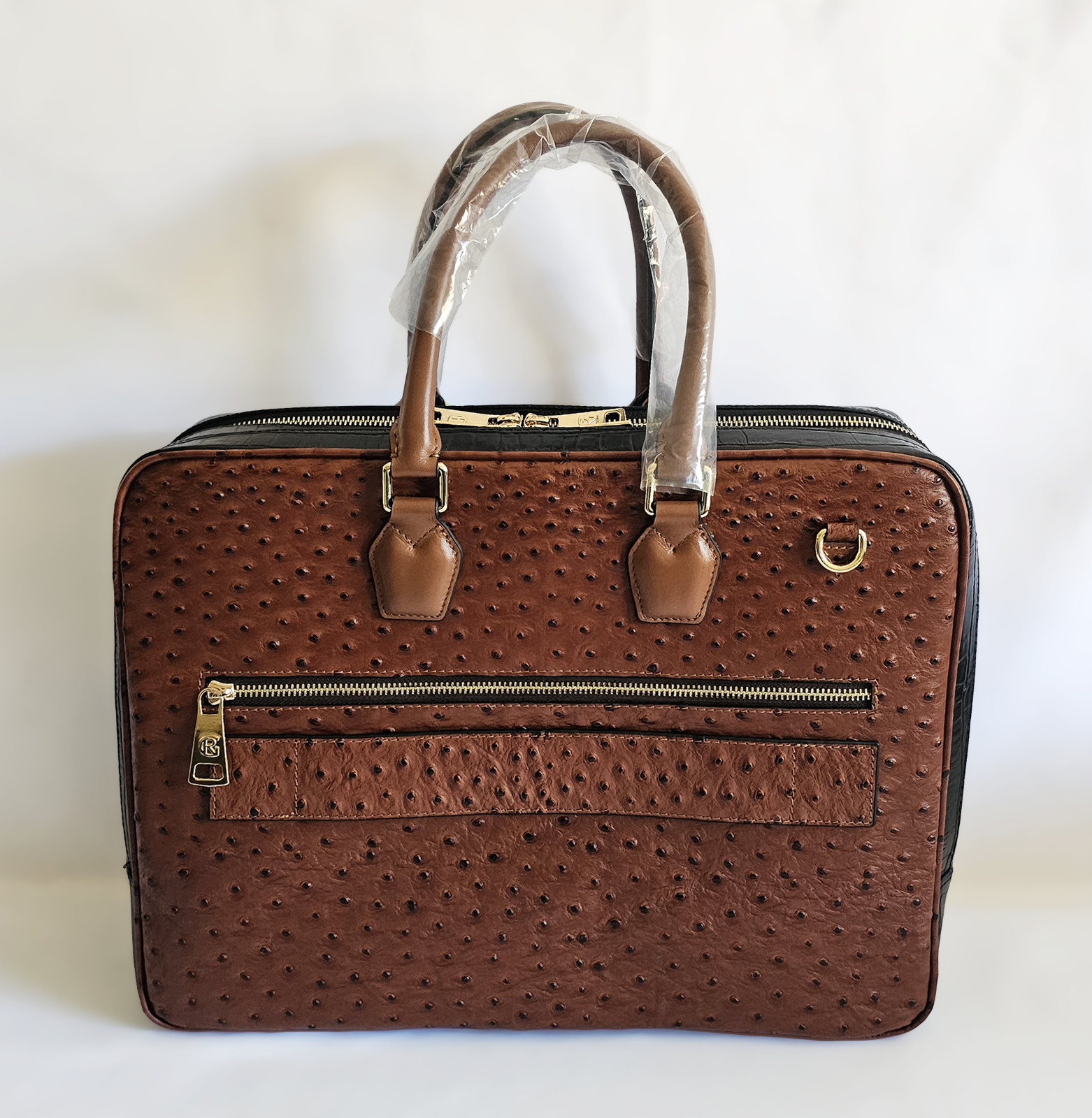 New GIROTTI Men’s Briefcase Brown Ostrich & Black Croc-Stamped Leather W/ Strap