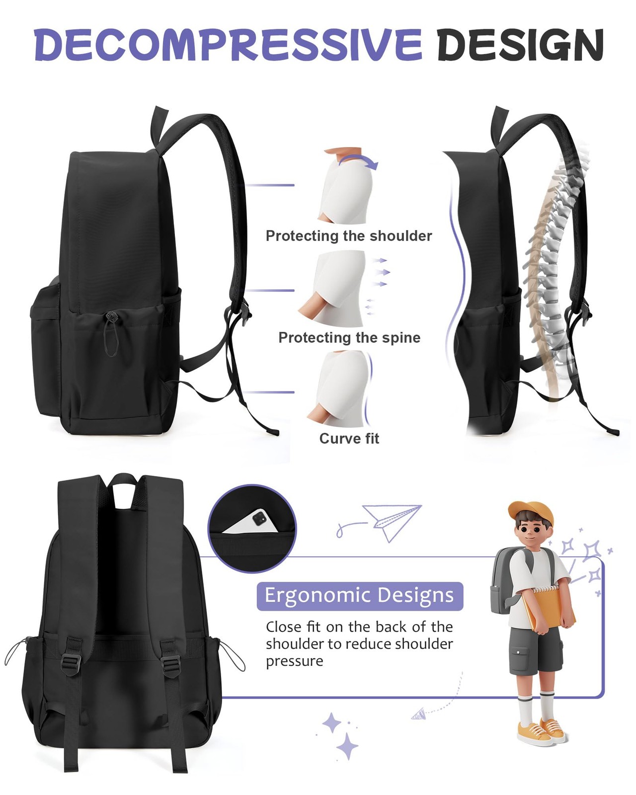 Large Black Classic Basic Backpack for Women, Gym Backpack for Women Foldable…