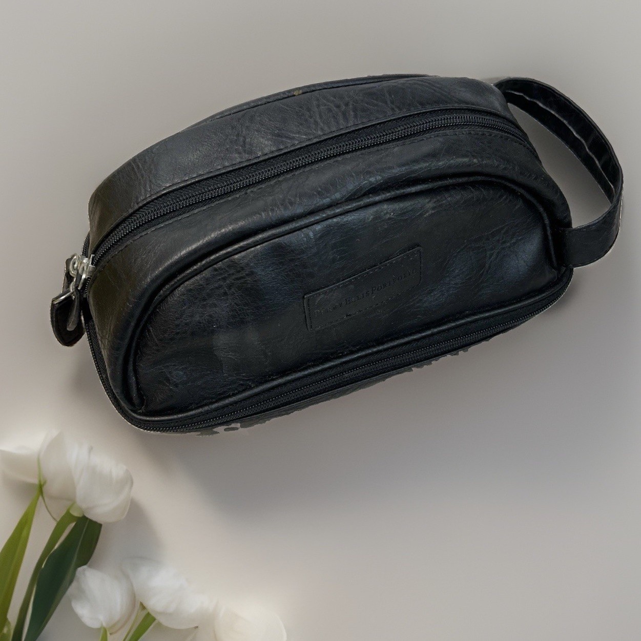 Perry Ellis Portfolio Black Leather Toiletry Bag Dopp Kit Travel Organizer Zip