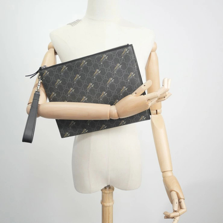 Gucci GG Supreme Tiger Print Clutch Bag Pouch Black PVC Leather Used