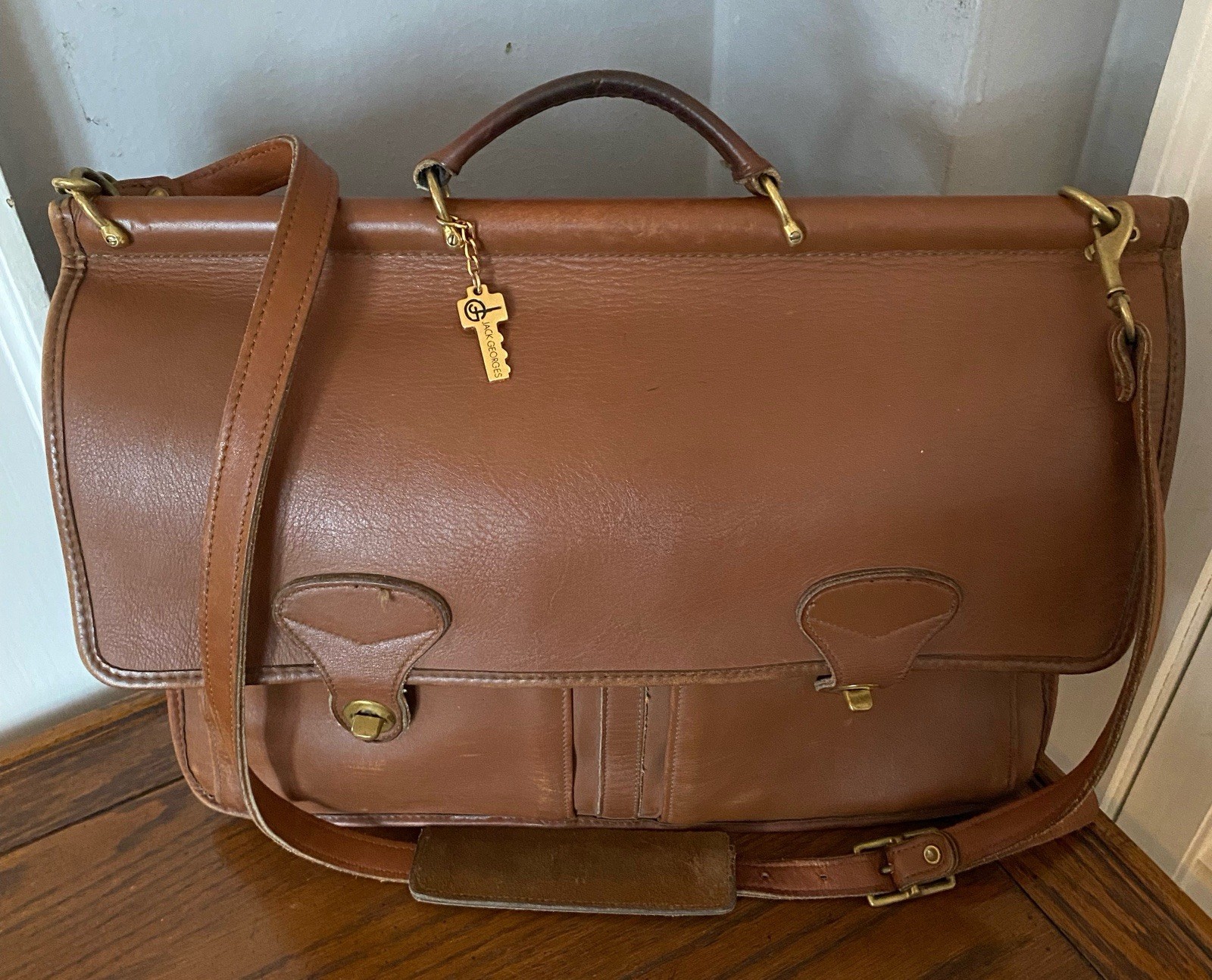 Jack Georges Leather Messenger Brief Bag Brown Handle Shoulder Laptop 16x11x5