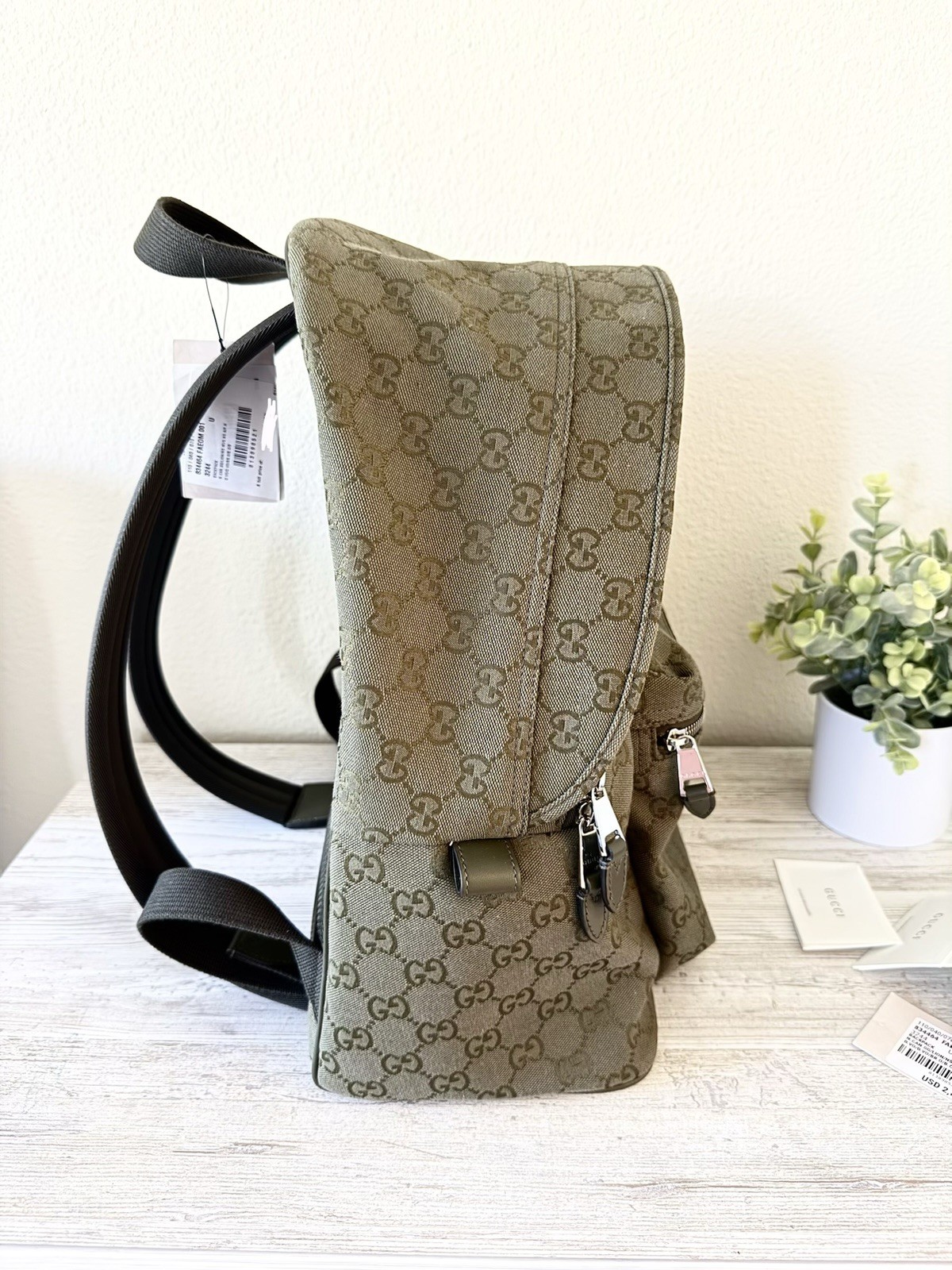 New Gucci GG Monogram Canvas men medium backpack, olive green