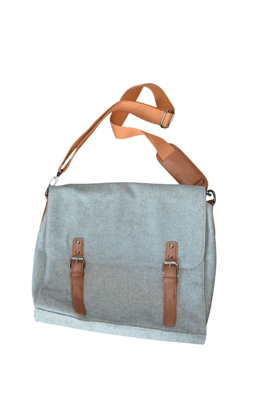 Sturdy Bags Gray Felt Messenger Bag Brown Trim Neutral Work School Travel Casual