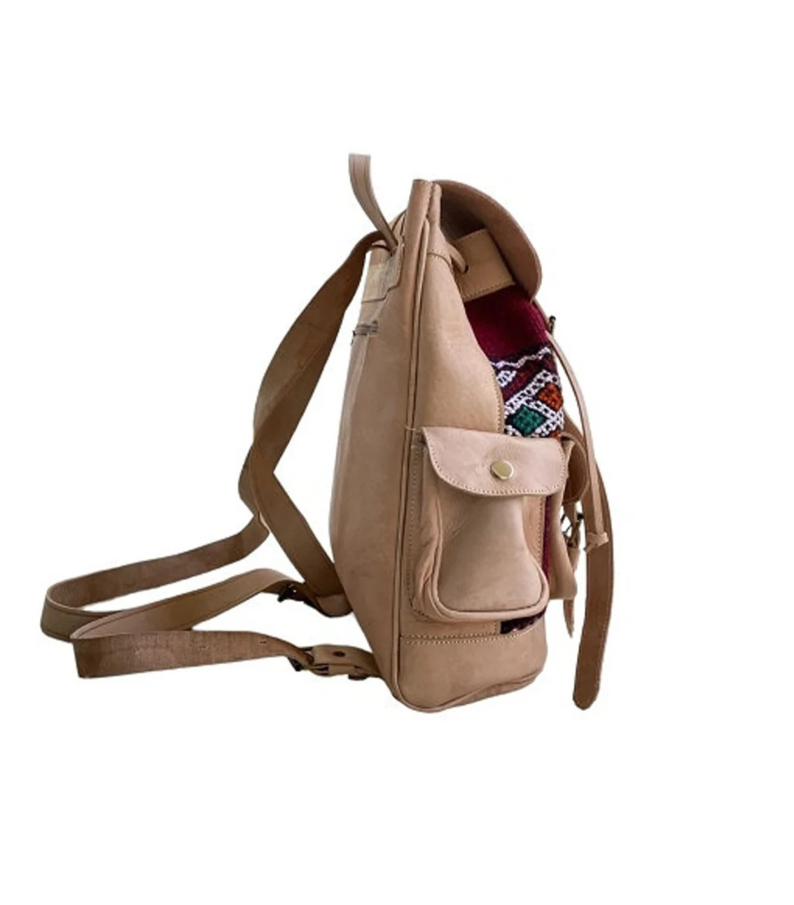 Handcrafted Genuine Leather & Red Kilim Backpack – Brown Leather | Central Zip