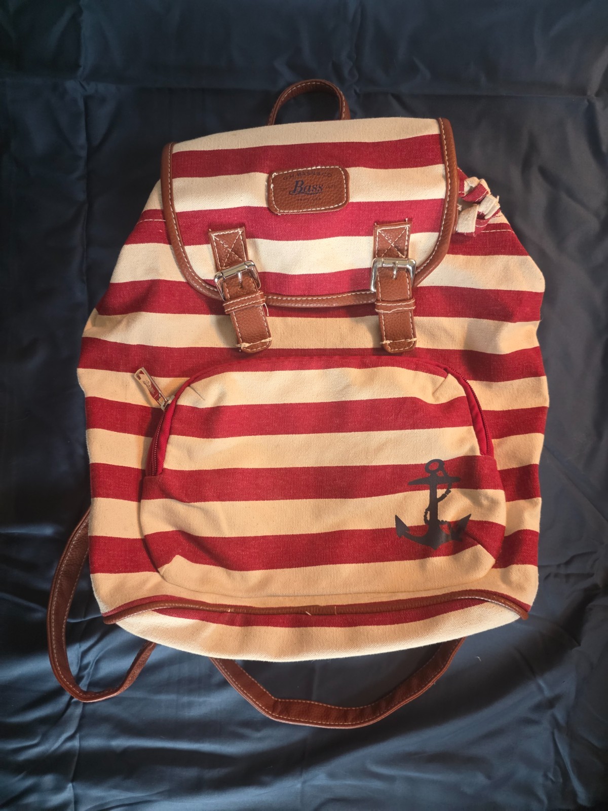 G.H. Bass Striped Canvas Backpack Nautical Anchor Leather Trim Casual Bag