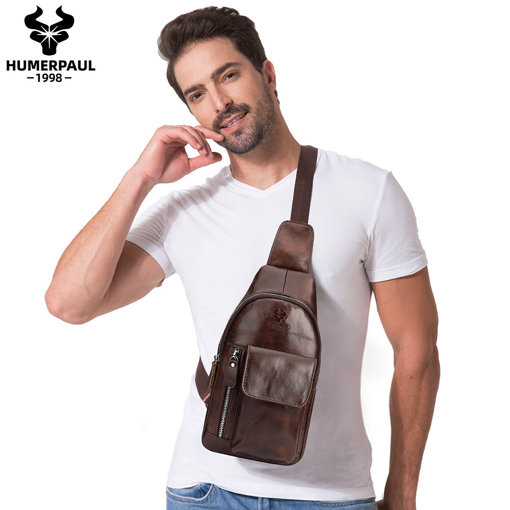 Chest Bag Genuine Leather Shoulder Crossbody Men’s Men Sling Casual Bags Retro