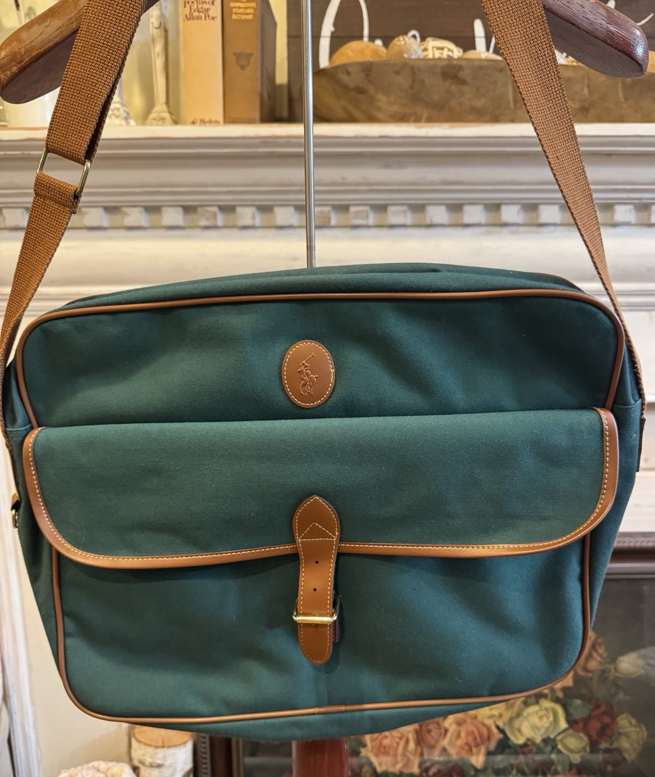 Polo Ralph Lauren Green/Brown Messenger Bag Buckle Zip Pockets Adjustable Strap