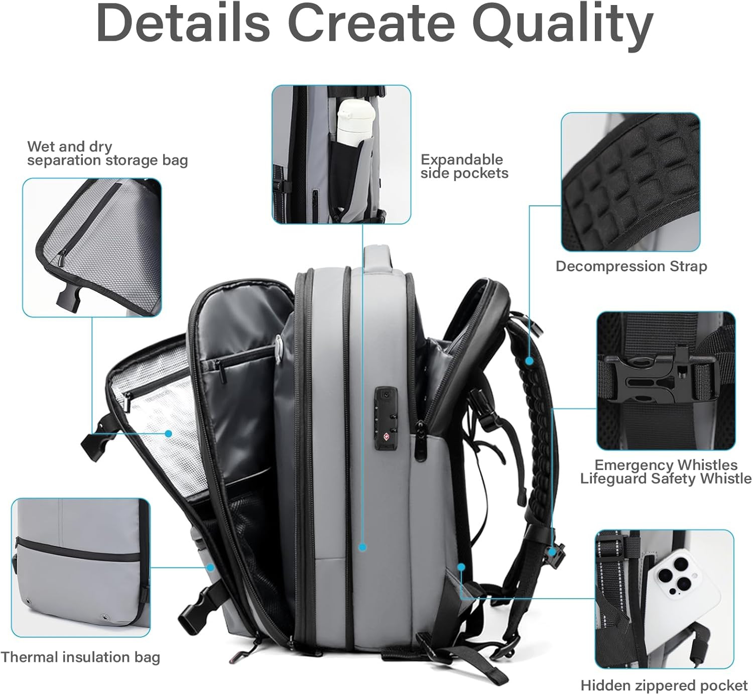 60L Expandable Travel Backpack with Vacuum System & TSA Lock – Grey