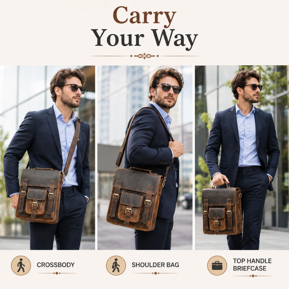 11″ Buffalo Leather Sling Bag Men’s Dark Brown Crossbody Messenger Bag for iPad