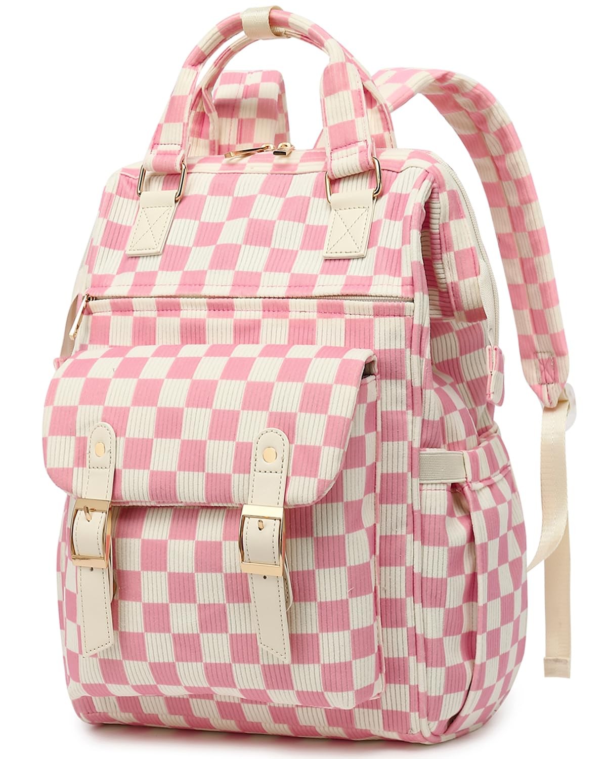 Corduroy Laptop Backpack High School Bookbag 15.6 Inch Checkered Pink