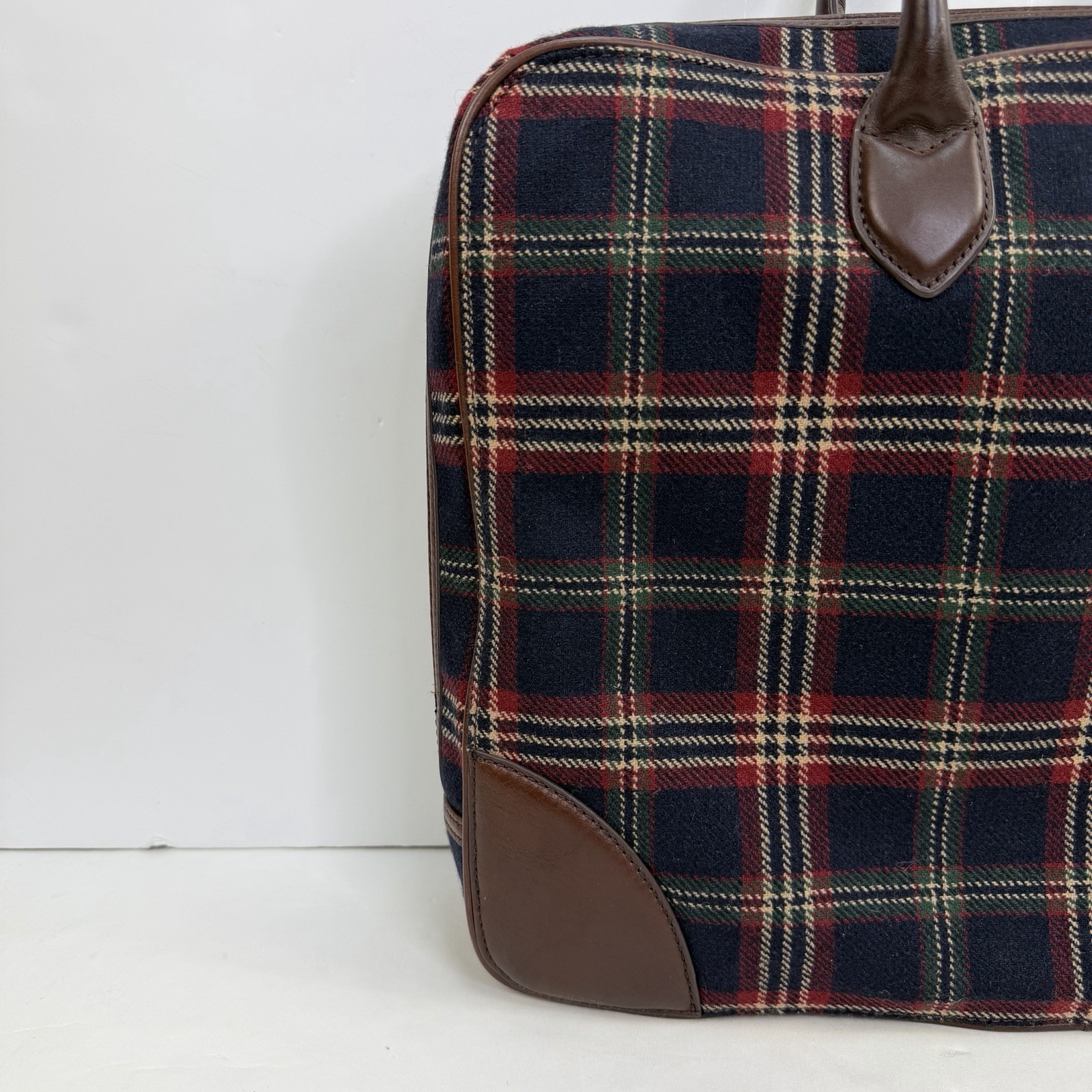 VTG Brooks Brothers Wool & Leather Briefcase Handle Bag Zipper Blue Plaid – 17”