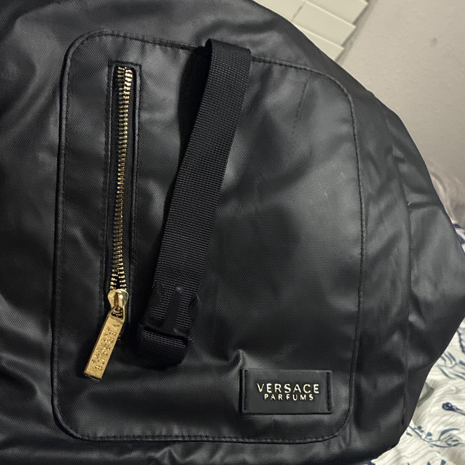 Versace Black Men’s Duffle Bag, Zip Closure Adjustable Shoulder Strap Travel