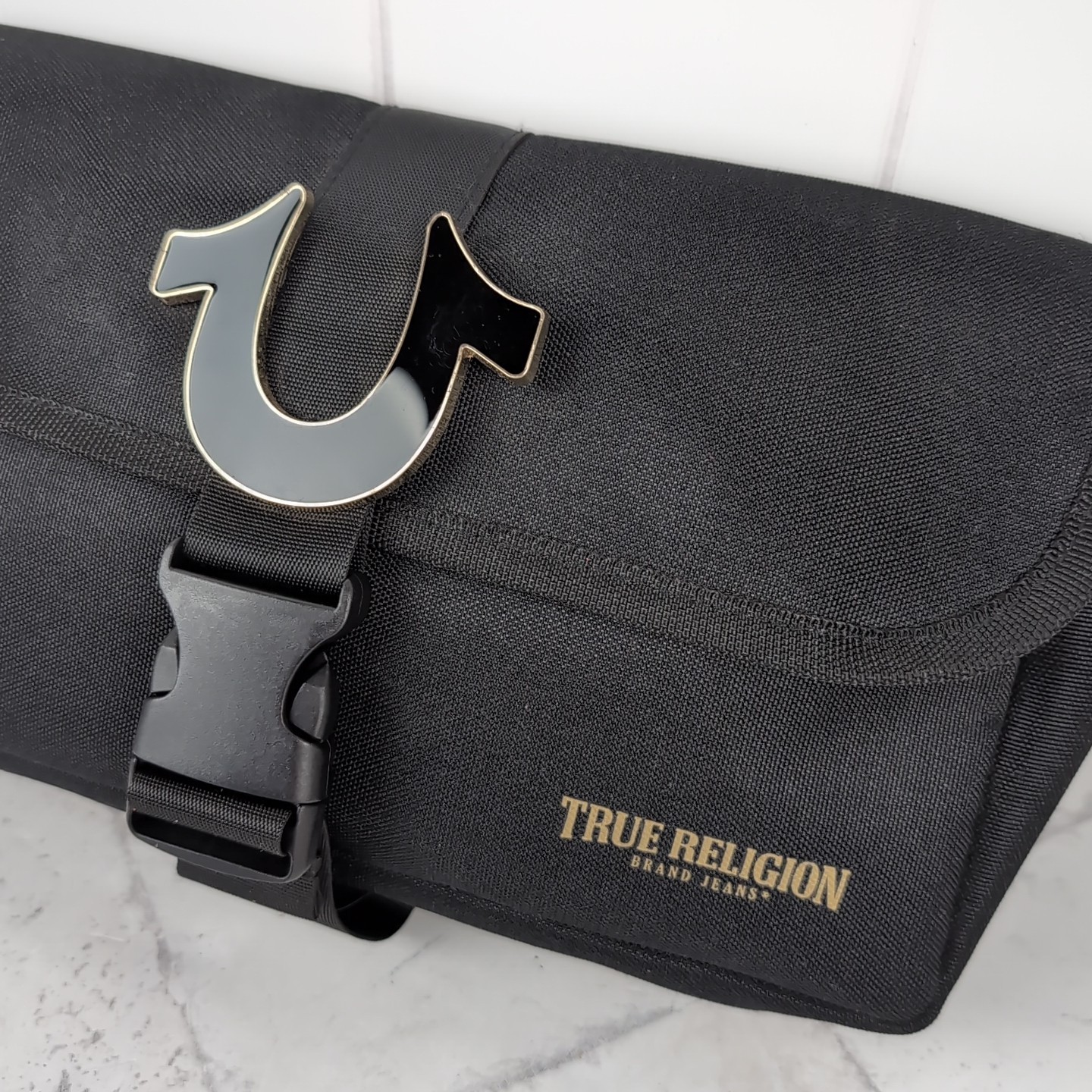 True Religion Horseshoe Flap Sling Bag Unisex Black & Gold