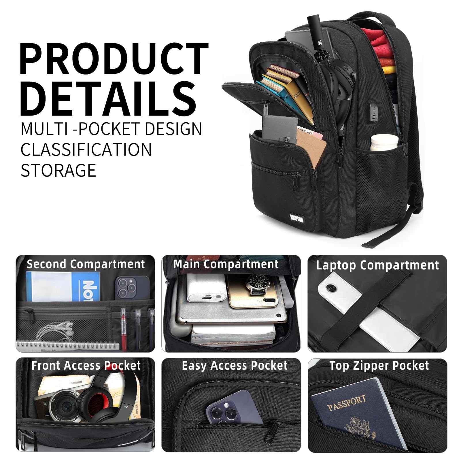 Stylish Black Laptop Backpack 15.6″ for School, College, Teens, USB Port, Water