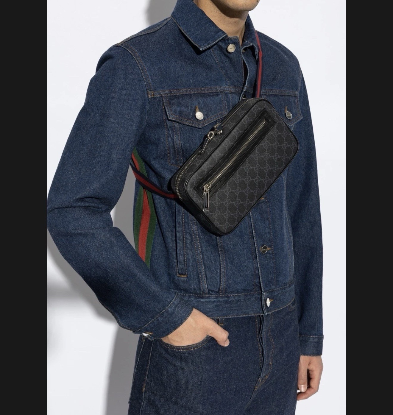 GUCCI Supreme Monogram Web Belt Bag Black Grey USED/ In Excellent Condition!