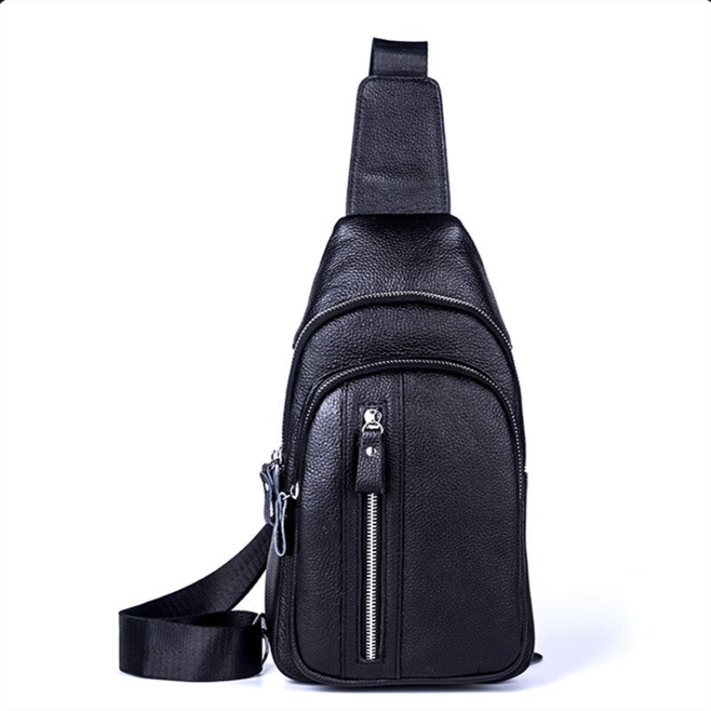 Genuine Leather Sling Backpack, Black Men‘s Crossbody Chest Bag Causal Daypack