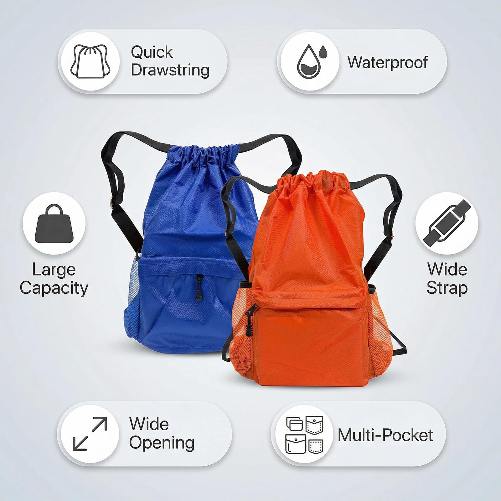 Drawstring Backpack 2 Pack, Water-Resistant Gym Bag with Water Bottle Pocket …