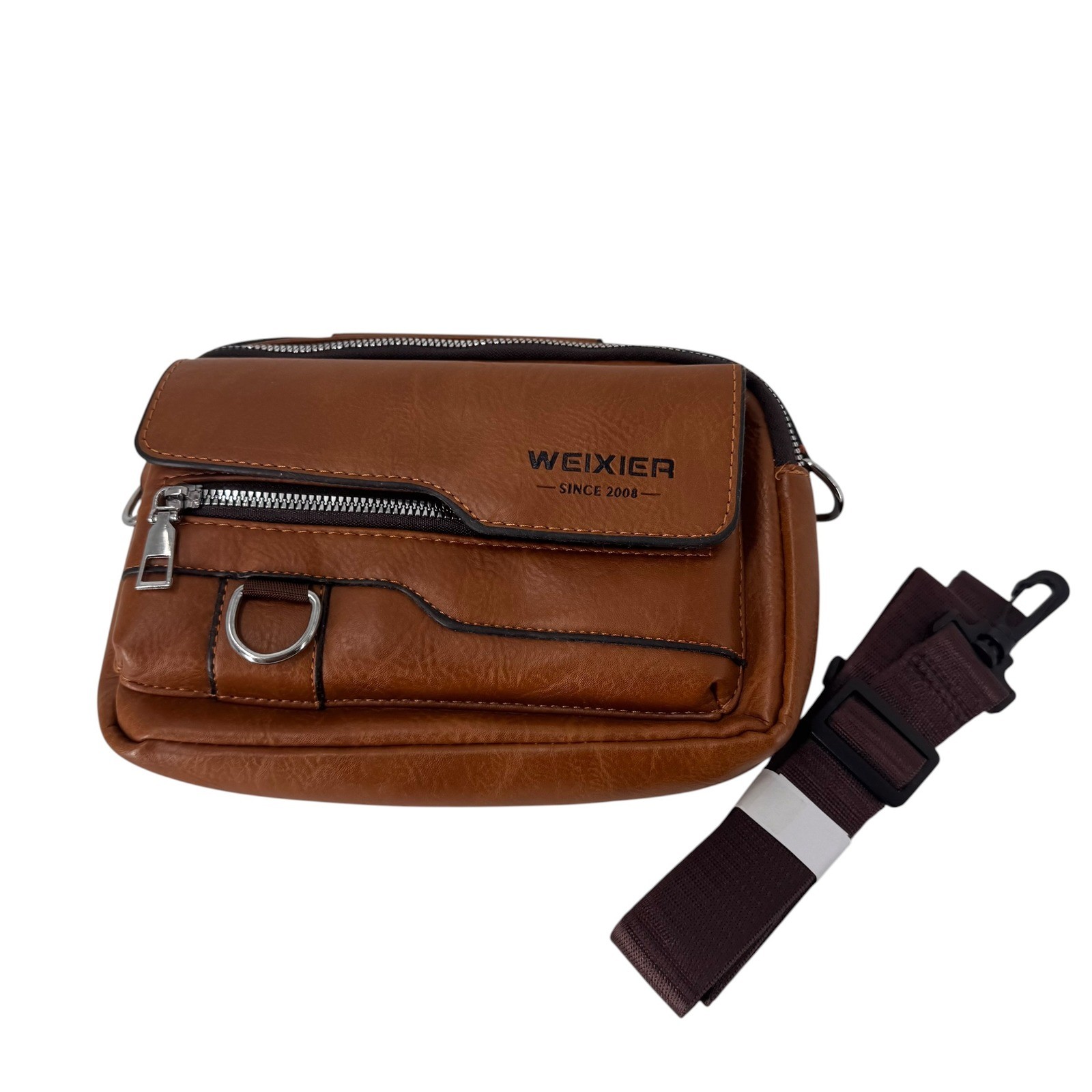 WEIXIER Brown Faux Leather Multi-Pocket Crossbody Messenger Bag with Top Handle
